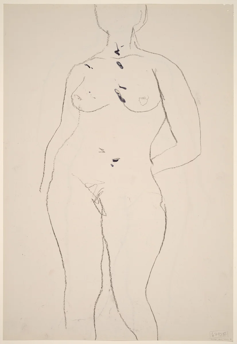 Untitled [front view of nude with left hand behind her back] [verso] by Richard Diebenkorn, drawing, 1955-1967