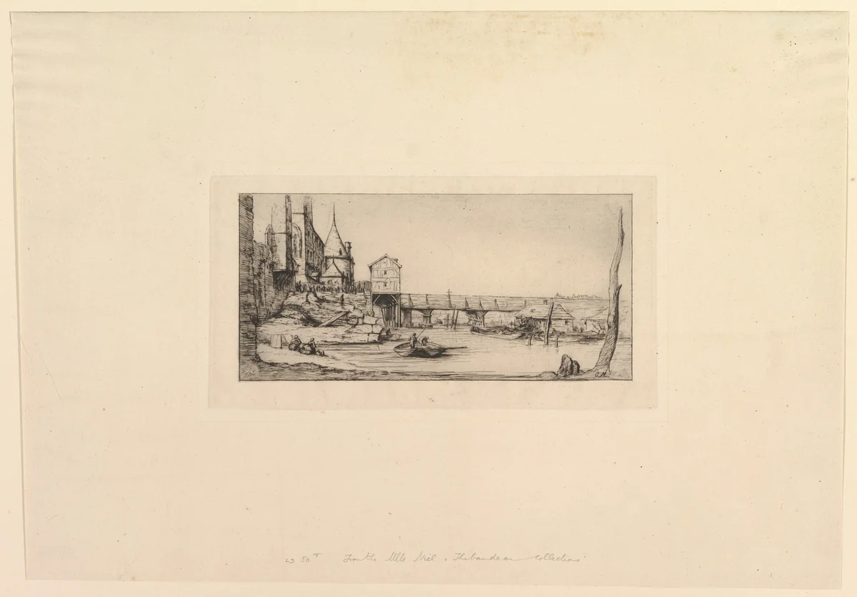 Passerelle du Pont-au-Change, après l'incendie de 1621 (The Footbridge temporarily replacing the Pont-au-Change, Paris, after the fire of 1621) by Charles Meryon, print, 1860