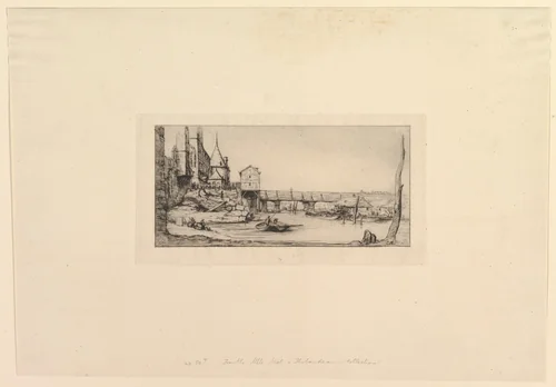 Passerelle du Pont-au-Change, après l'incendie de 1621 (The Footbridge temporarily replacing the Pont-au-Change, Paris, after the fire of 1621) by Charles Meryon, print, 1860