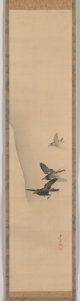 Three Crows in Flight by Shibata Zeshin (柴田是真), painting, 1807-1891