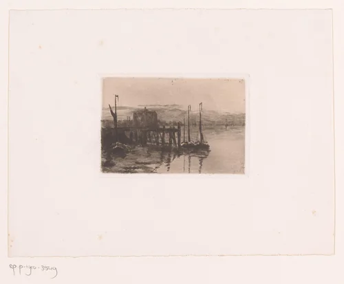 Drie zeilboten bij een pier aan de kust by Jules Guiette, print, 1862-1901