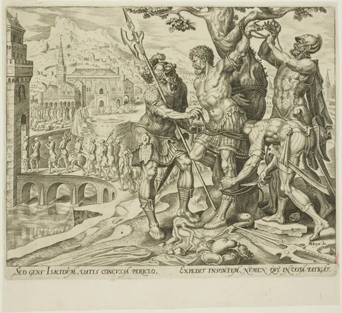 The Israelites Finding Achior Tied to a Tree, plate two from The Story of Judith and Holofernes by Philip Galle, print, 1564