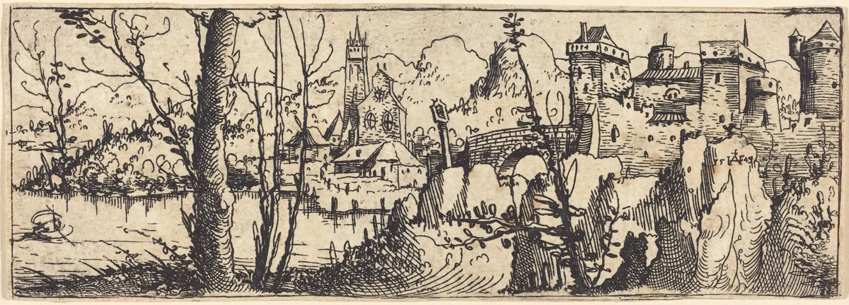 Landscape with Castle at Right, Surrounded by Rocks by Augustin Hirschvogel, print, 1546