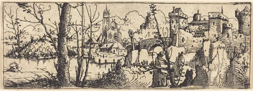 Landscape with Castle at Right, Surrounded by Rocks by Augustin Hirschvogel, print, 1546