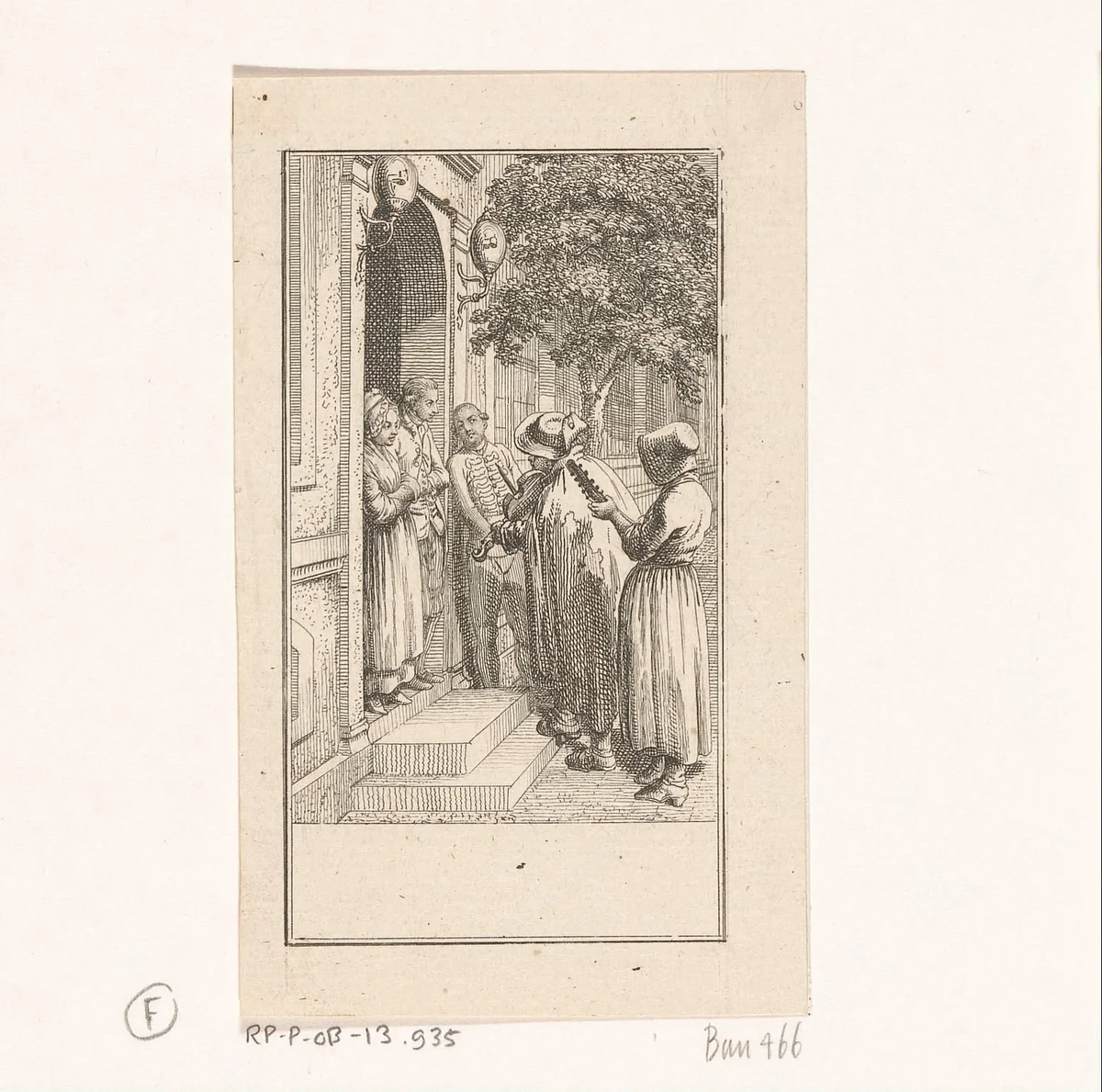 Twee arme muzikanten voor de deur van een huis by Daniel Nikolaus Chodowiecki, print, 1778