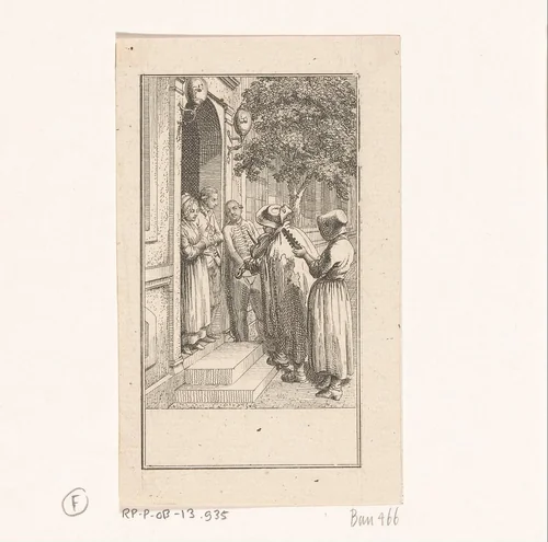 Twee arme muzikanten voor de deur van een huis by Daniel Nikolaus Chodowiecki, print, 1778