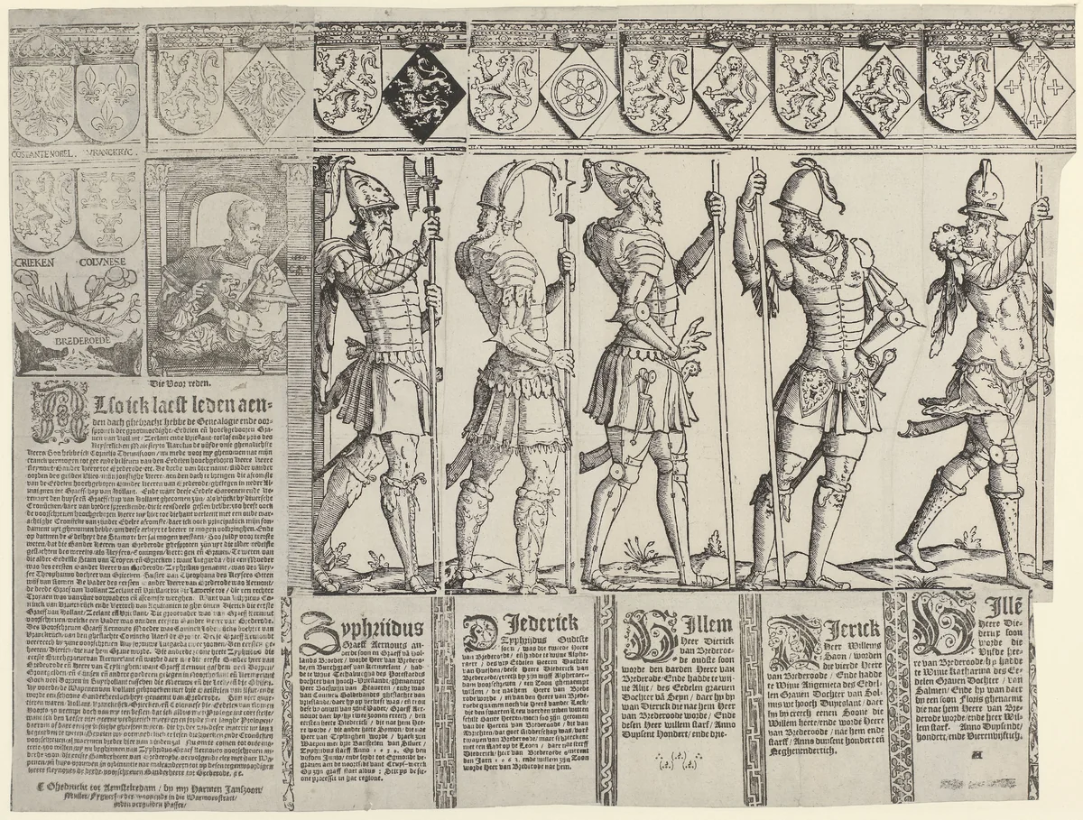 Heren van Brederode, van Zyphridus tot en met Reinout III (linker blad) by Unknown, print, 1550