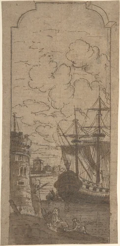 Framed Port scene with two figures by Dominique Barrière, drawing, 1610-1678