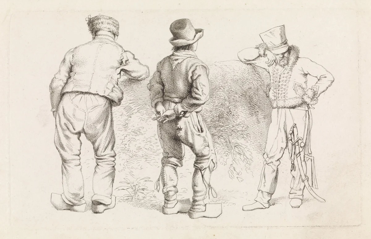 Studieblad met drie staande figuren by Jacob Ernst Marcus, print, 1815