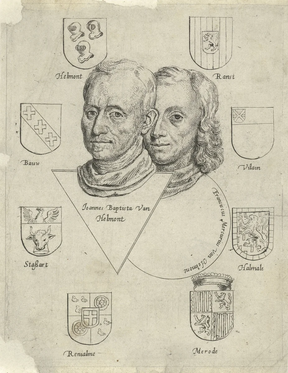Portretten van Joannes Baptista van Helmont en Franciscus Mercurius van Helmont met acht wapenschilden by Cornelis de Man, print, 1648