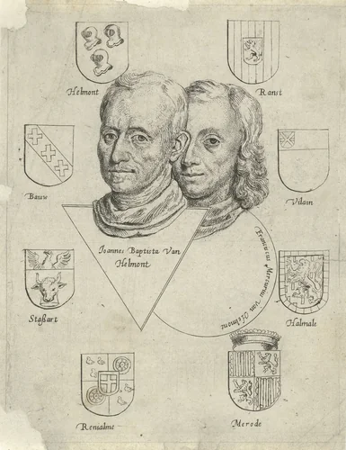 Portretten van Joannes Baptista van Helmont en Franciscus Mercurius van Helmont met acht wapenschilden by Cornelis de Man, print, 1648