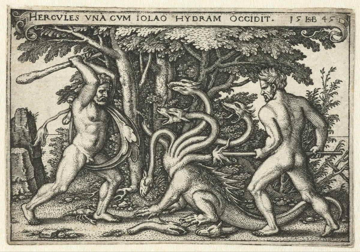 Hercules verslaat de Hydra van Lerna by Unknown, print, 1545