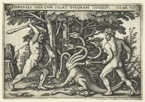 Hercules verslaat de Hydra van Lerna by Unknown, print, 1545
