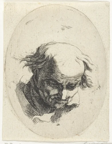 Kop van een oude man naar beneden kijkend by Jan de Bisschop, print, 1638-1671
