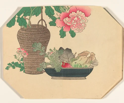 Stilleven met pioenroos in gevlochten vaas by anonymous, book, 1880-1890