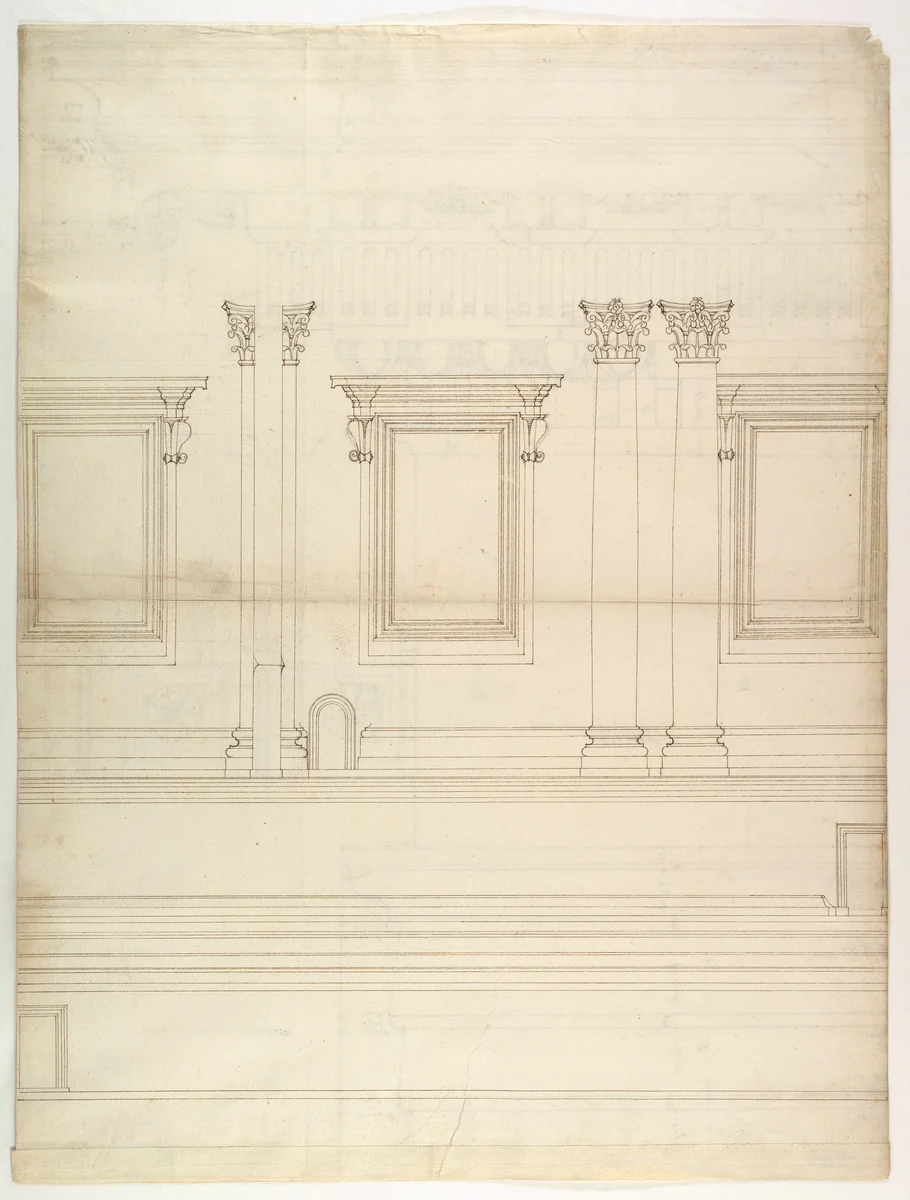St. Peter's, drum, exterior, elevation (recto) St. Peter's, tribune, entablature, section and details (verso) by anonymous, drawing, 1500-1560