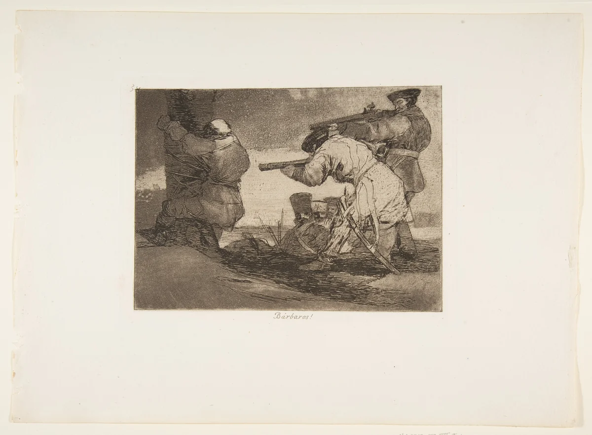 Plate 38 from "The Disasters of War" (Los Desastres de La Guerra): Barbarians! (Bárbaros!) by Goya, print, 1810
