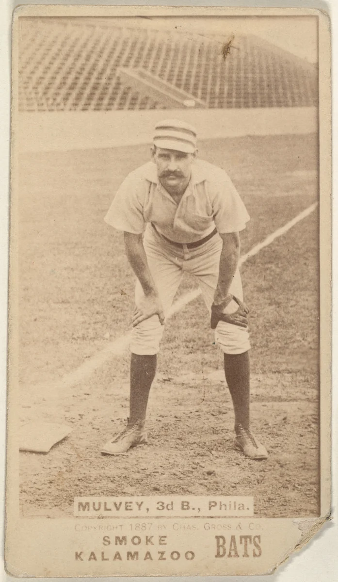 Mulvey, 3rd Base, Philadelphia, from the Kalamazoo Bats series (N690) issued by Chas. Gross & Co. to promote Kalamazoo Bats by Chas. Gross & Co., photograph, 1887