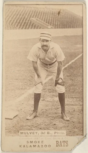 Mulvey, 3rd Base, Philadelphia, from the Kalamazoo Bats series (N690) issued by Chas. Gross & Co. to promote Kalamazoo Bats by Chas. Gross & Co., photograph, 1887