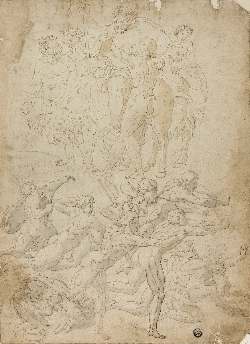 Archers Shooting at a Herm, Triumph of Bacchus, and Other Studies by Michelangelo Buonarroti, drawing, 1495-1564