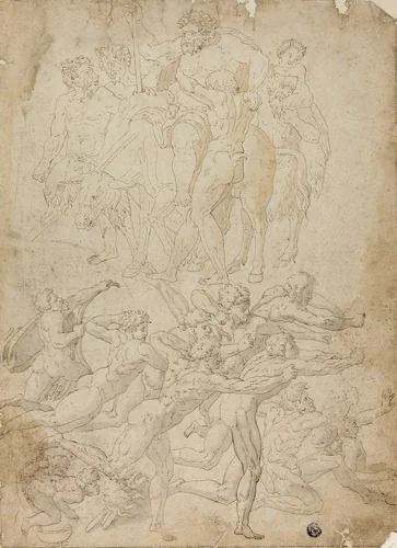 Archers Shooting at a Herm, Triumph of Bacchus, and Other Studies by Michelangelo Buonarroti, drawing, 1495-1564