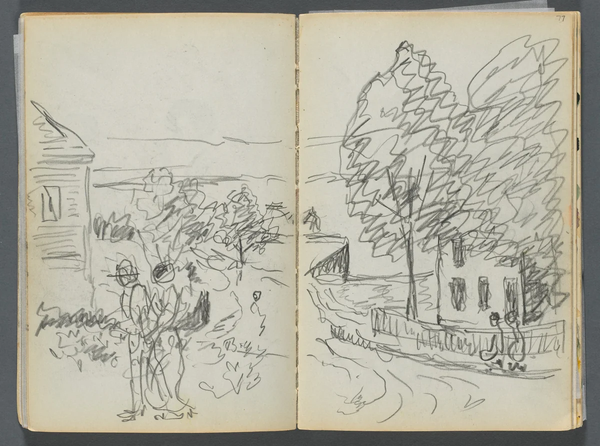 Sketchbook- The Granite Shore Hotel, Rockport, page 076 & 77: Village Scene by Maurice Prendergast, book, 1905-1910