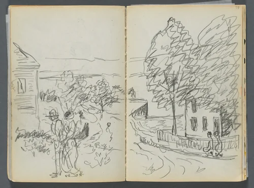 Sketchbook- The Granite Shore Hotel, Rockport, page 076 & 77: Village Scene by Maurice Prendergast, book, 1905-1910