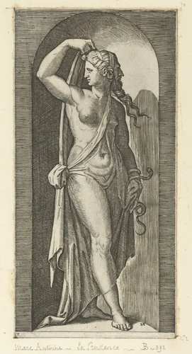 Prudence personified by a woman standing in a niche, holding a shawl in her right hand, a snake coiled around her left, from "The Virtues" by Marcantonio Raimondi, print, 1510-1520