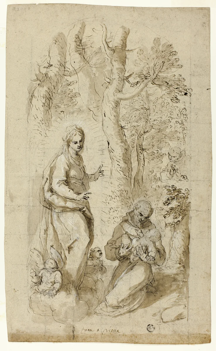 Vision of St. Francis of Assisi (recto); Saint Jerome, Vision of Saint Francis, and Two Small Sketches of St. Francis Holding the Christ Child (verso) by Jacopo Negretti, drawing, 1613-1623