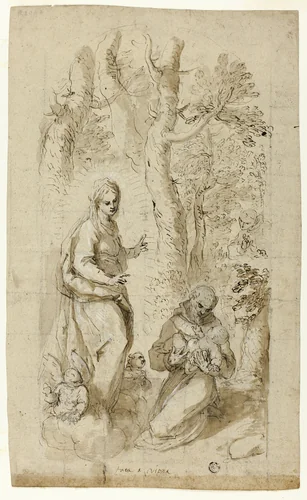 Vision of St. Francis of Assisi (recto); Saint Jerome, Vision of Saint Francis, and Two Small Sketches of St. Francis Holding the Christ Child (verso) by Jacopo Negretti, drawing, 1613-1623