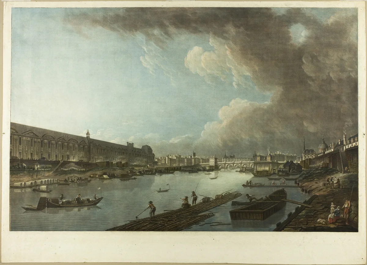 View of the Tuileries, the Louvre and the Pont Neuf by Charles Melchior Descourtis, print, 1789
