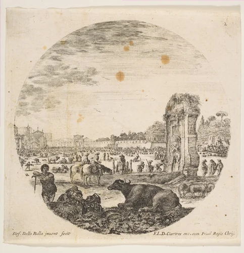 Campo Vaccino, a buffalo and two shepherds in center, the Fontanone to right in the middle ground, various animals and people in the background, plate 2 from "Roman landscapes and ruins" (Paysages et ruines de Rome) by Stefano della Bella, print, 1641-1651