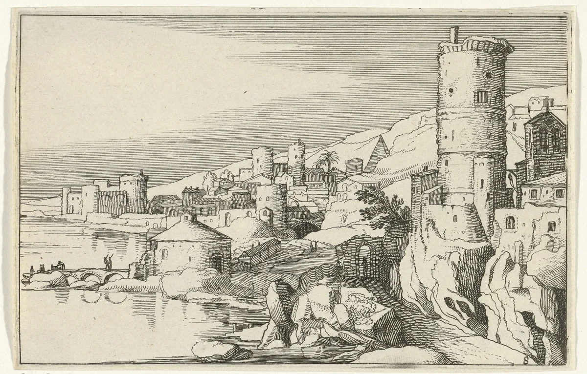 Stad met torens aan het water by anonymous, print, 1618