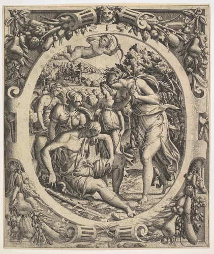 The Death of Adonis by Jean Mignon, print, 1544
