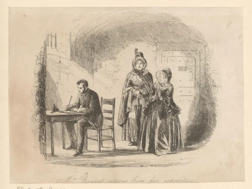 Mevrouw Bagnet kijkt naar George Rouncewell die aan een bureau zit te schrijven by Hablot Knight Browne, print, 1853