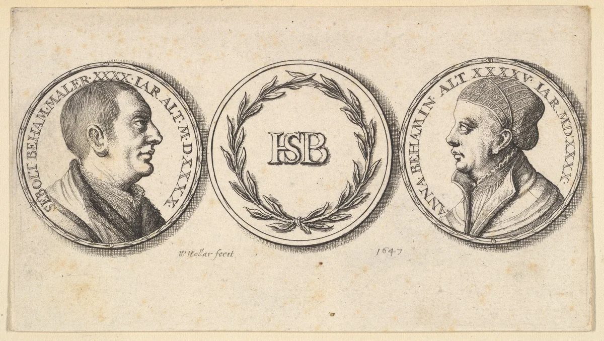 Medallions with portraits of Sebald Beham and Anna Beham by Wenceslaus Hollar, print, 1647