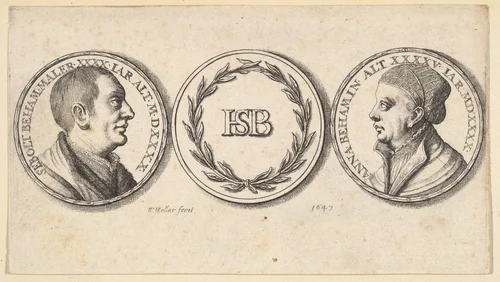 Medallions with portraits of Sebald Beham and Anna Beham by Wenceslaus Hollar, print, 1647