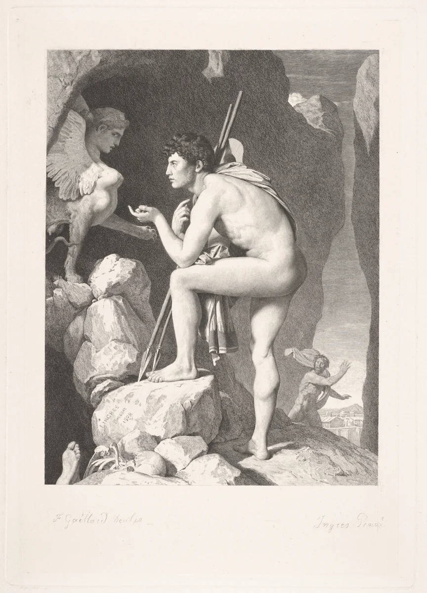 Oedipus and the Sphinx, after Ingres by Claude-Ferdinand Gaillard, print, 1867-1887