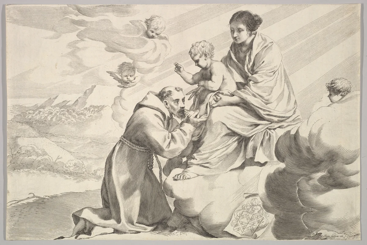 St Francis of Assisi Adoring the Christ Child on the Virgin's Lap by Claude Mellan, print, 1600-1688