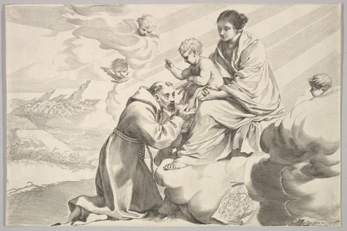 St Francis of Assisi Adoring the Christ Child on the Virgin's Lap by Claude Mellan, print, 1600-1688