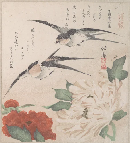 Spring Rain Collection (Harusame shū), vol. 3: Swallows and Peonies by Teisai Hokuba (蹄斎北馬), print, 1810-1830
