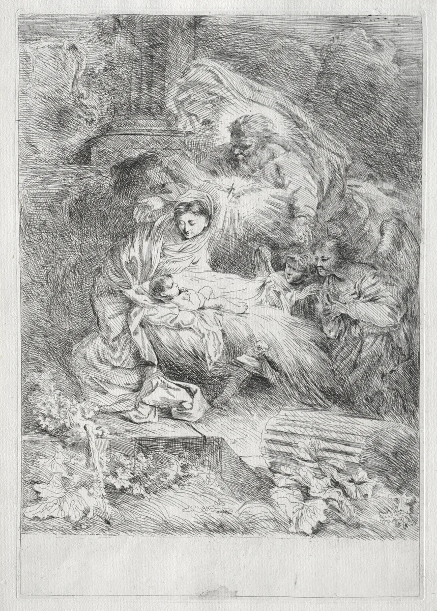 The Nativity with God the Father and the Holy Spirit by Giovanni Benedetto Castiglione, print, 1640-1650