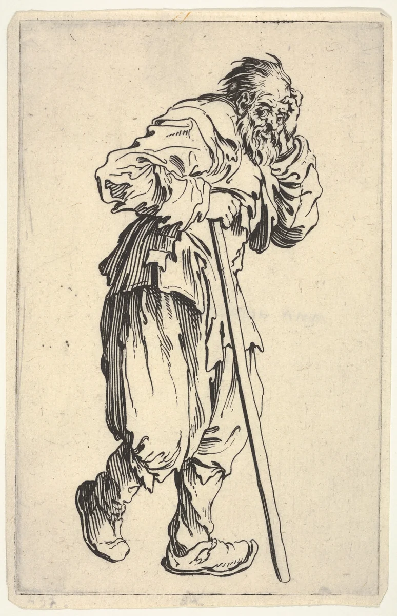 Bearded man, dressed in rags, holding his head with one hand and a walking stick with the other, from "The Beggars" (Les Gueux) by Jacques Callot, print, 1622-1623