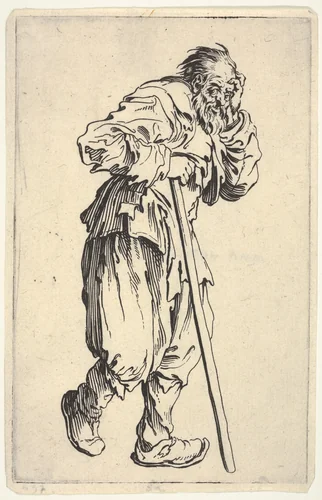 Bearded man, dressed in rags, holding his head with one hand and a walking stick with the other, from "The Beggars" (Les Gueux) by Jacques Callot, print, 1622-1623