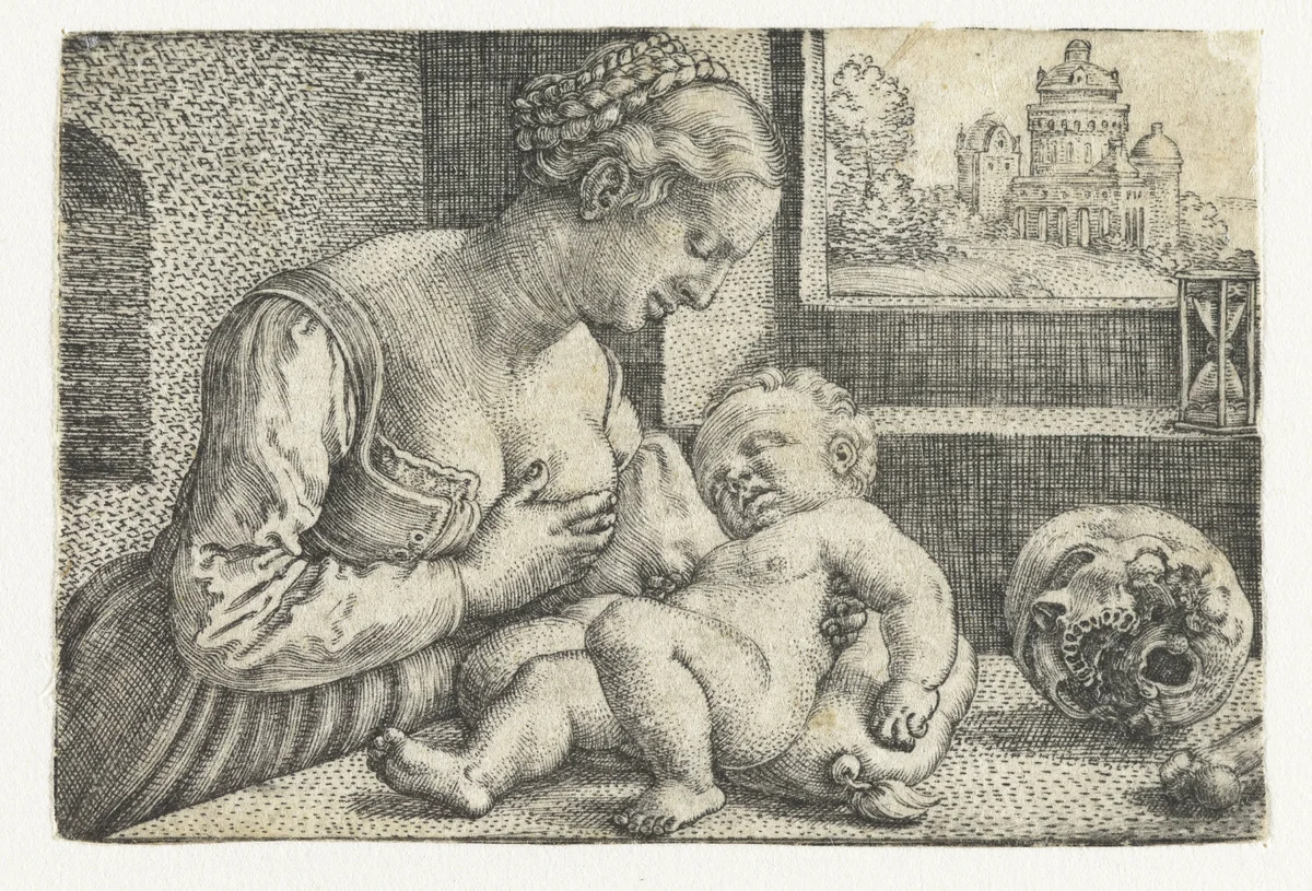 Maria met kind aan borst en schedel by Barthel Beham, print, 1512-1540