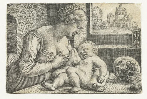 Maria met kind aan borst en schedel by Barthel Beham, print, 1512-1540