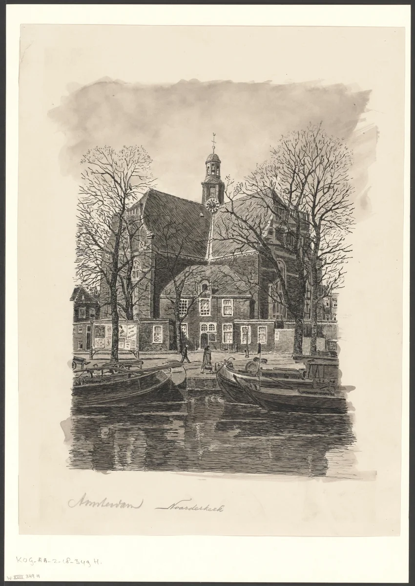 Gezicht op de Noorderkerk vanaf de Prinsengracht by anonymous, drawing, 1875-1975
