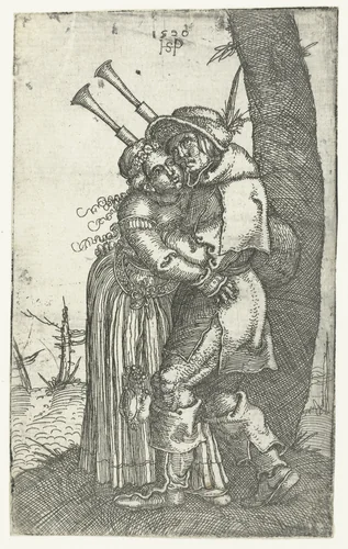 Doedelzakspeler met vrouw in zijn armen by Unknown, print, 1520