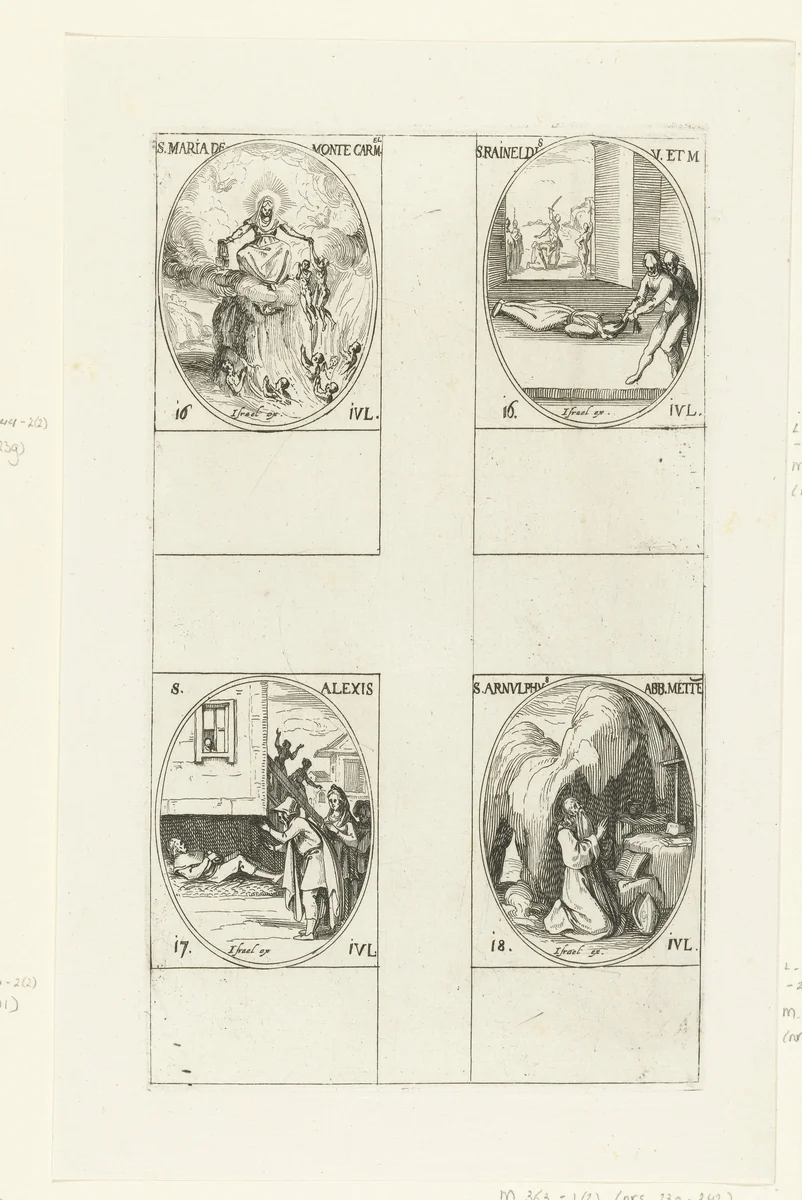 Maria van de berg Karmel, Heilige Reinhildis van Kontich, Heilige Alexius van Edessa, Heilige Arnoldus van Metz (16-18 juli) by Jacques Callot, print, 1632-1636