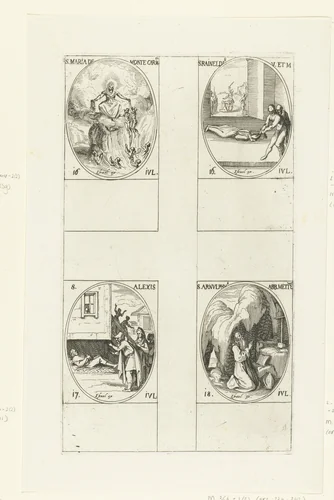 Maria van de berg Karmel, Heilige Reinhildis van Kontich, Heilige Alexius van Edessa, Heilige Arnoldus van Metz (16-18 juli) by Jacques Callot, print, 1632-1636